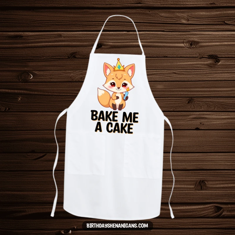 Funny curious fox wearing a party crown, holding a twinkling candle, a humorous and practical apron for cooking.