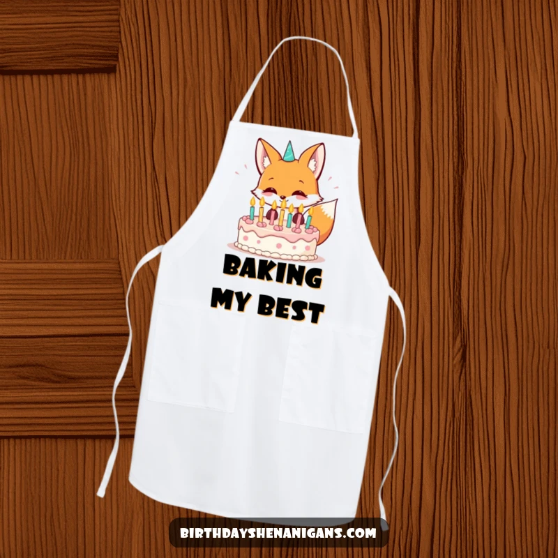 Funny kawaii fox grinning and blowing out birthday cake candles on a practical apron.