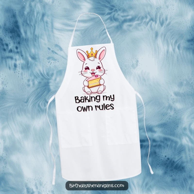 Funny rabbit kitchen apron, wearing crown, holding cake, royal celebration, cooking attire, humorous.