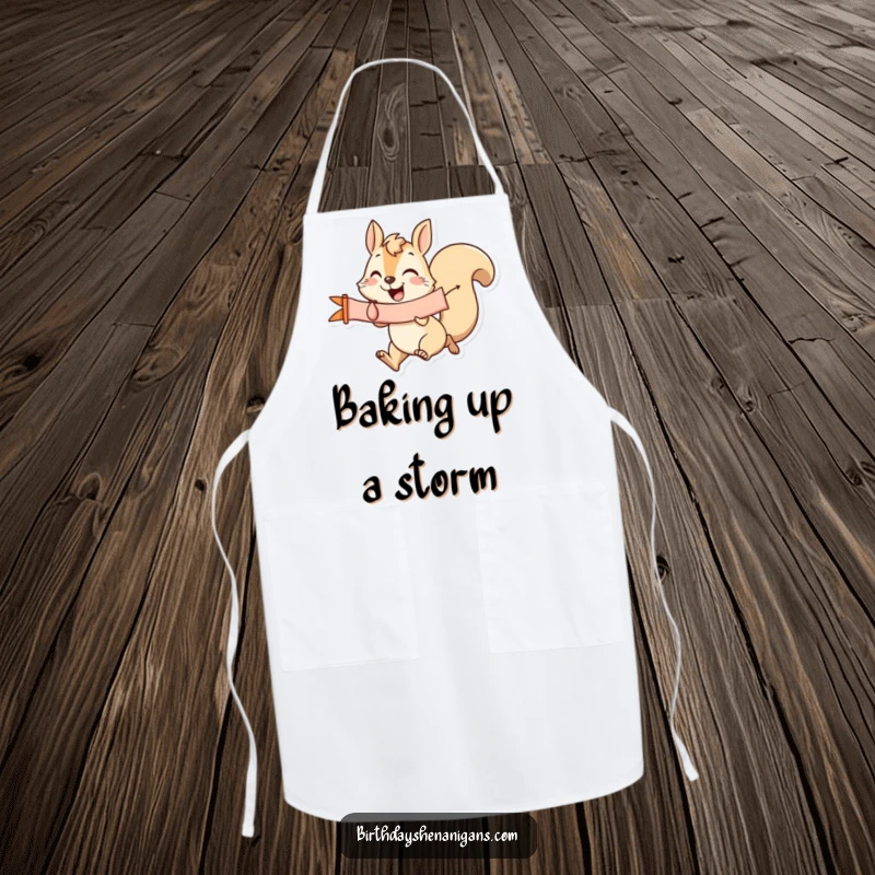 Funny Squirrel Apron: A joyful squirrel wearing an apron runs with a banner while cooking, a humorous kitchen accessory.