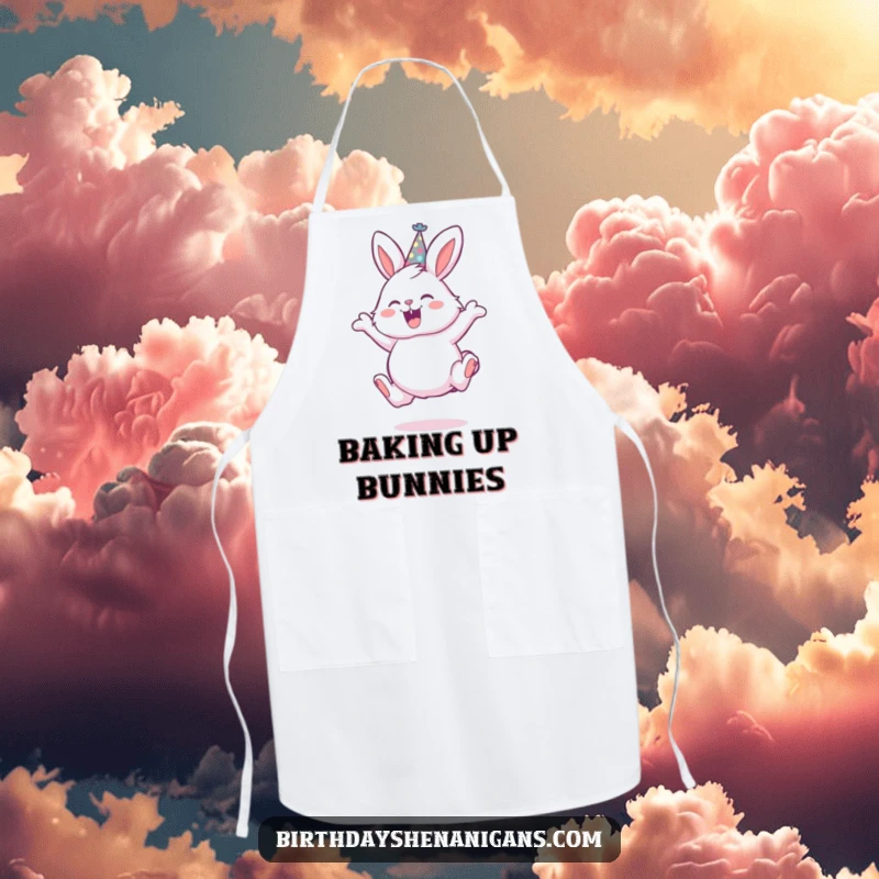 Funny apron with a fluffy bunny in a party hat, joyfully leaping, ready to add fun to any cooking or baking session.