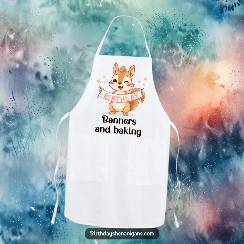 Funny squirrel apron illustrated with a cheerful character holding a birthday banner, designed for kitchen fun.