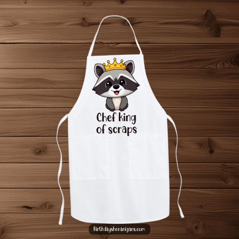 Funny apron with a happy raccoon character wearing a festive crown, ready to bring regal humor to cooking duties.