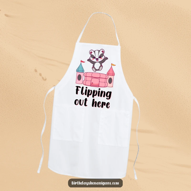Funny apron graphic of an energetic badger jumping on a bouncy castle, bringing fun to the kitchen.