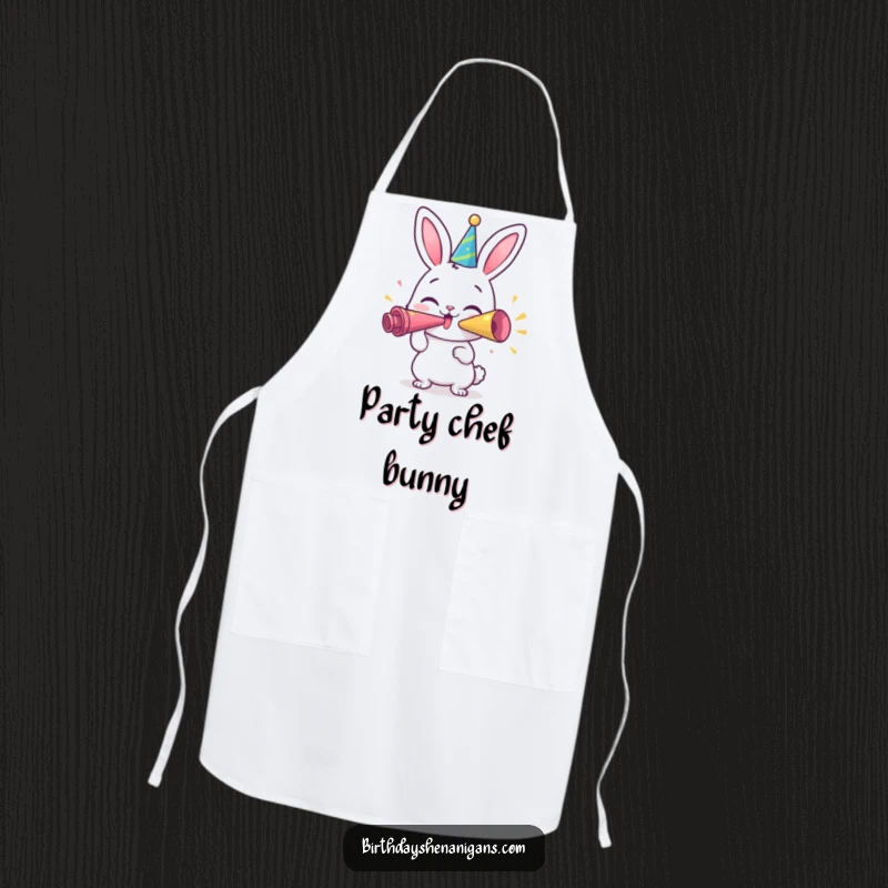 Funny Bunny Apron: A happy bunny character blowing a giant party horn, designed for festive cooking and baking.