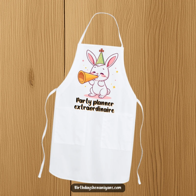 Funny apron with a cute bunny in a party hat, gleefully blowing a giant party horn, perfect for a celebratory cook or baker.