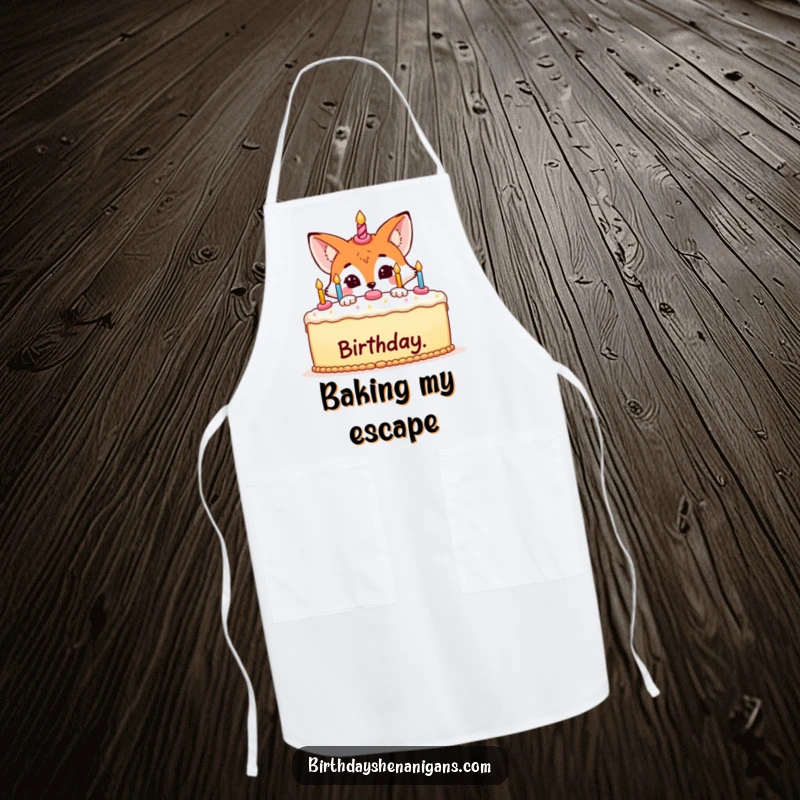 Funny apron graphic of a mischievous fox peeking from behind a large birthday cake, ready for baking fun.