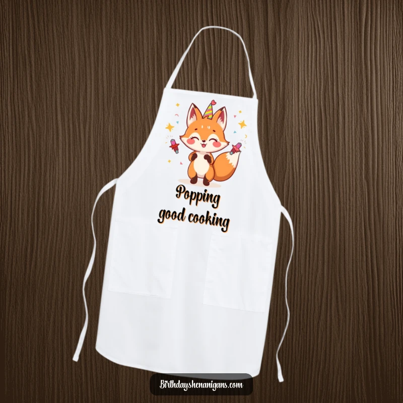 Funny fox apron illustrated with a gleeful character juggling party poppers, perfect for culinary festivities.
