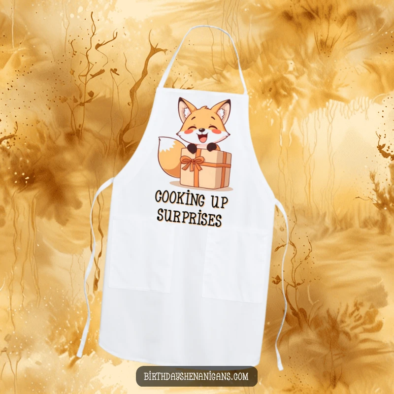 Funny apron featuring a smiling fox character excitedly unwrapping a comically large present, perfect for kitchen adventures.