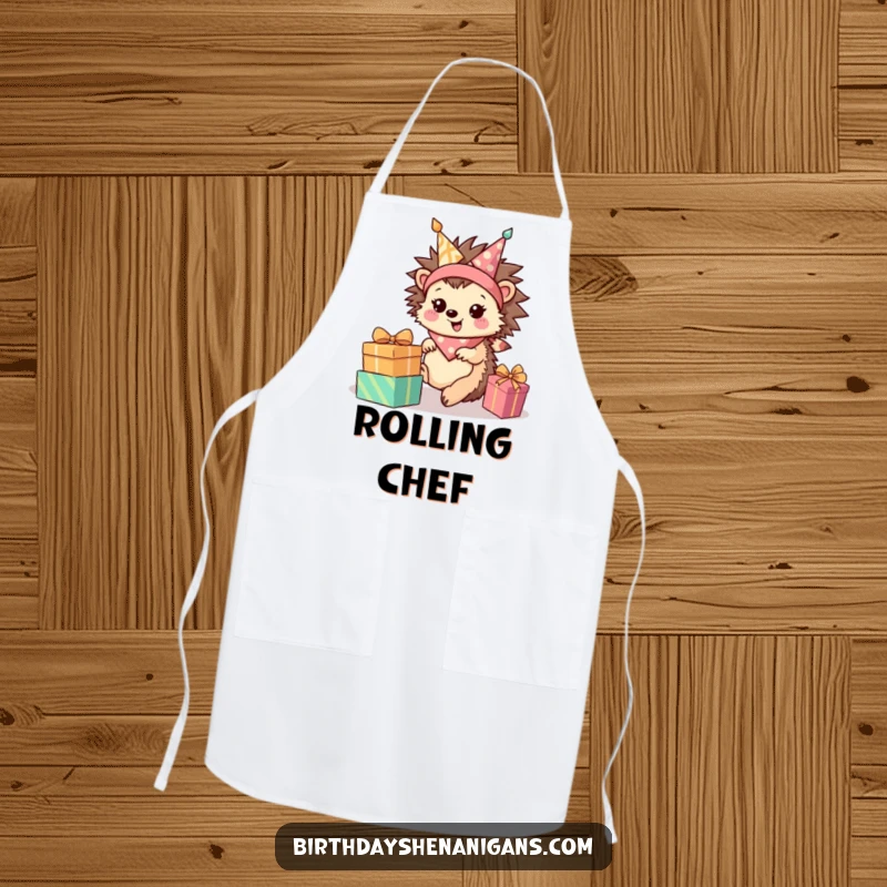 Funny Hedgehog Apron: Happy character wearing a bandana, rolling towards presents, a kitchen accessory.
