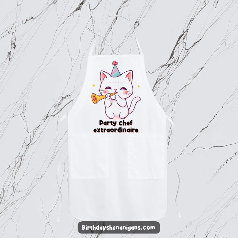 Funny kawaii cat wearing a birthday hat blowing a trumpet on a cooking apron, perfect for kitchen celebrations. Great gift.