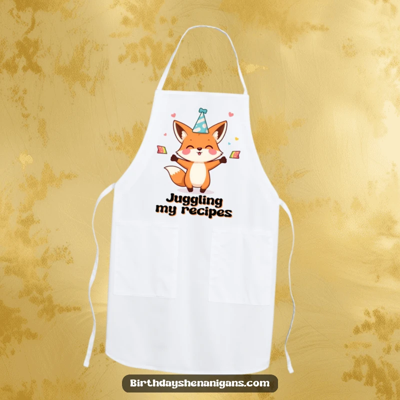 Funny kawaii fox character enthusiastically juggling party hats on a kitchen apron, adding a humorous and festive touch to cooking.
