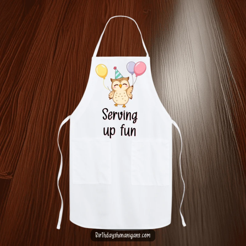 Funny Kawaii Owl Apron: A cheerful owl in a party hat juggling balloons, making kitchen tasks delightfully funny and entertaining.
