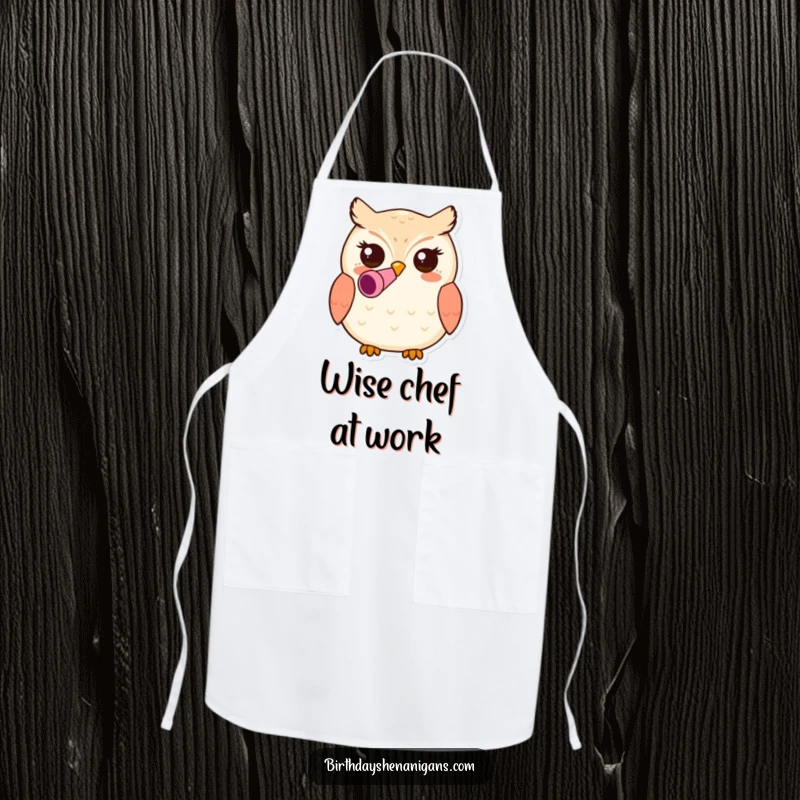 Funny kawaii owl character wearing a party blower in its beak on a kitchen apron, adding a humorous and festive touch to cooking.