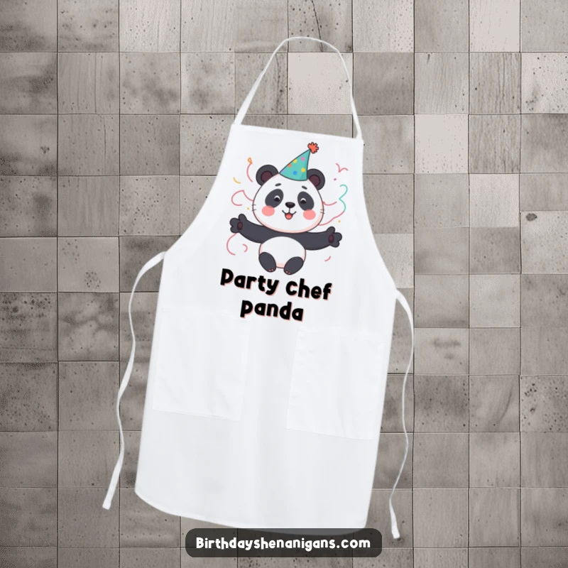 Funny Panda Apron: A cute panda character wearing a party hat and streamers, designed for festive cooking.