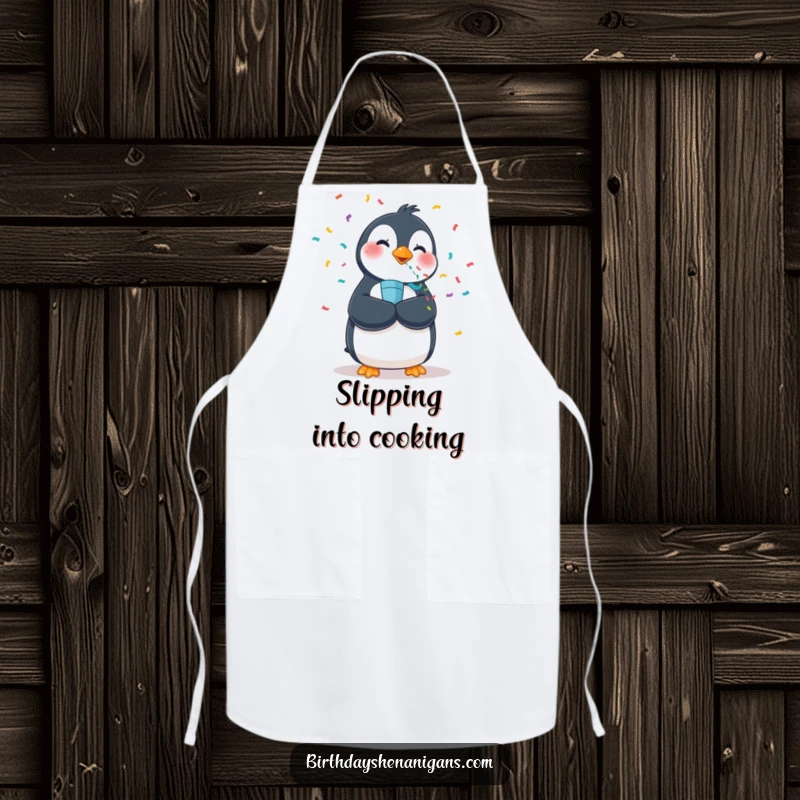 Funny apron featuring a wobbly penguin blowing a confetti popper, adding a festive and humorous touch to kitchen activities.