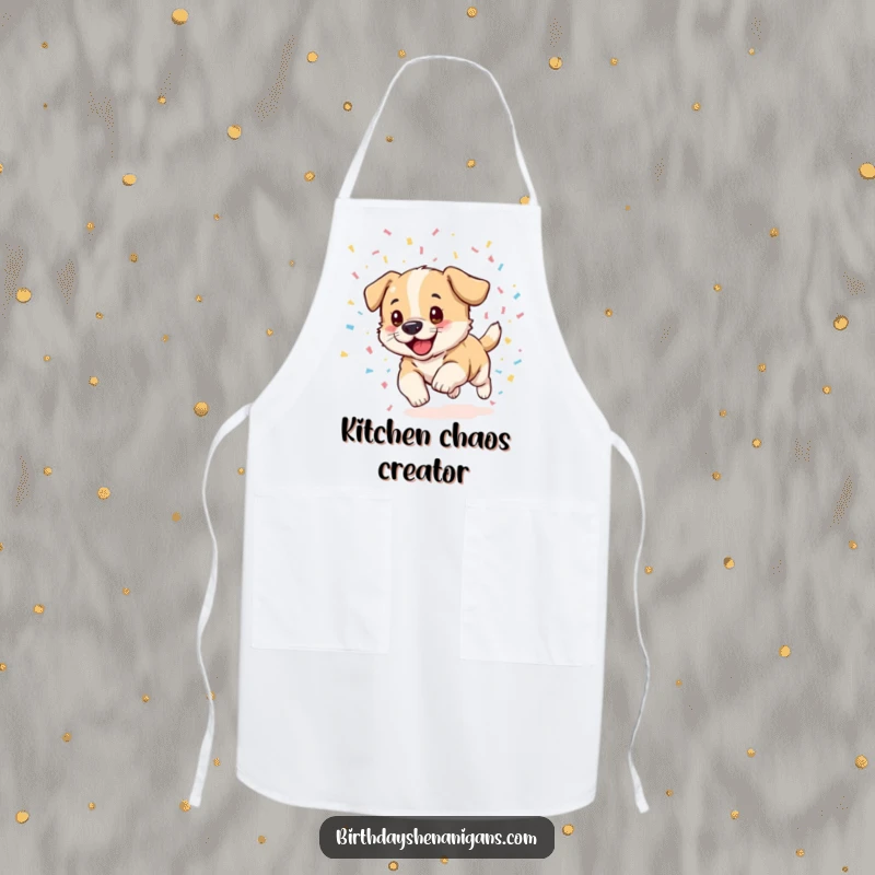 Funny puppy kitchen apron, excited, chasing confetti, celebration theme, cooking attire, joyful and humorous.