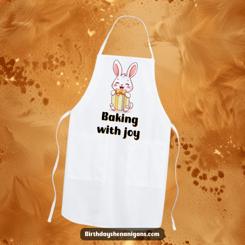 Funny Rabbit Gift Apron: A cheerful rabbit joyfully unwraps a bright gift, perfect for hilarious kitchen celebrations.