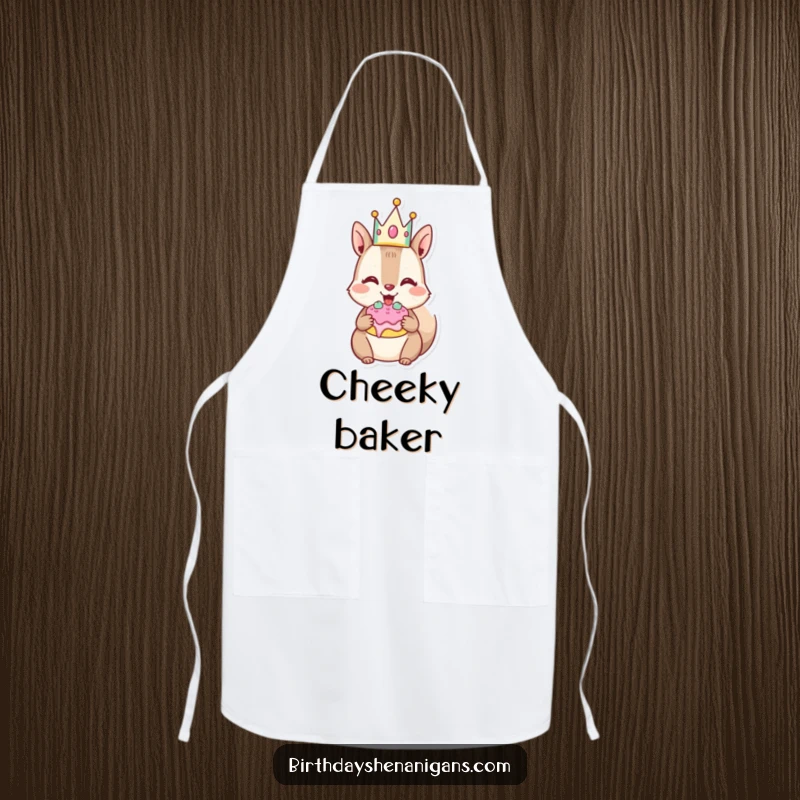 Funny Squirrel Apron: Joyful character wearing a crown, stuffing cheeks with cake, a cheerful kitchen accessory.
