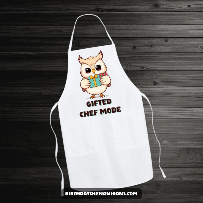 Funny owl character holding gifts, designed on an apron for kitchen fun and festive cheer.