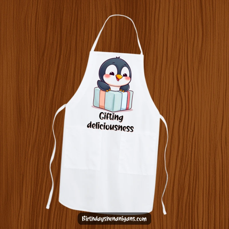 Funny penguin kitchen apron, cheerful, sliding down wrapped gift, winter cooking attire, cute penguin, humorous.