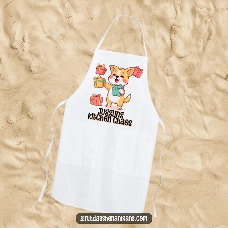 Funny apron featuring a determined dog character juggling three colorful gift boxes, perfect for a skillfull kitchen performance.