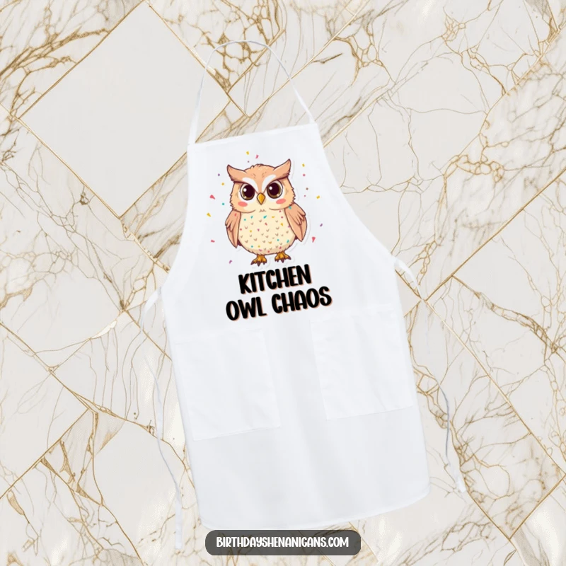 Funny Owl Apron: A mischievous owl with confetti adds a festive touch to cooking, a humorous kitchen accessory.
