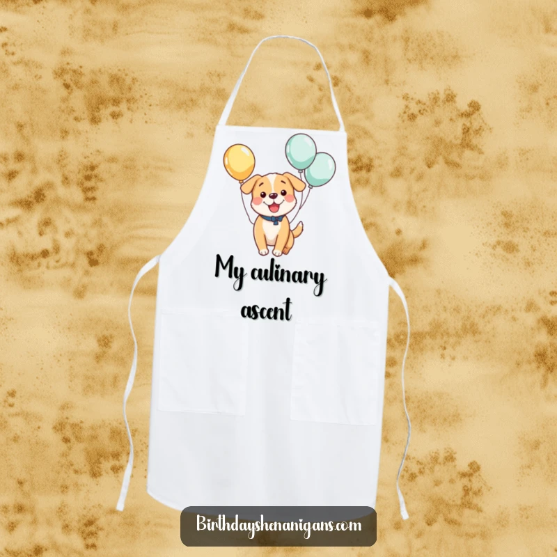 Funny apron with a kawaii dog bouncing with balloons, perfect for chefs who love to add humor and cuteness to their kitchen.