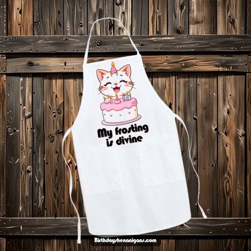Funny kawaii cat with a big smile decorating a birthday cake with frosting on a kitchen apron.