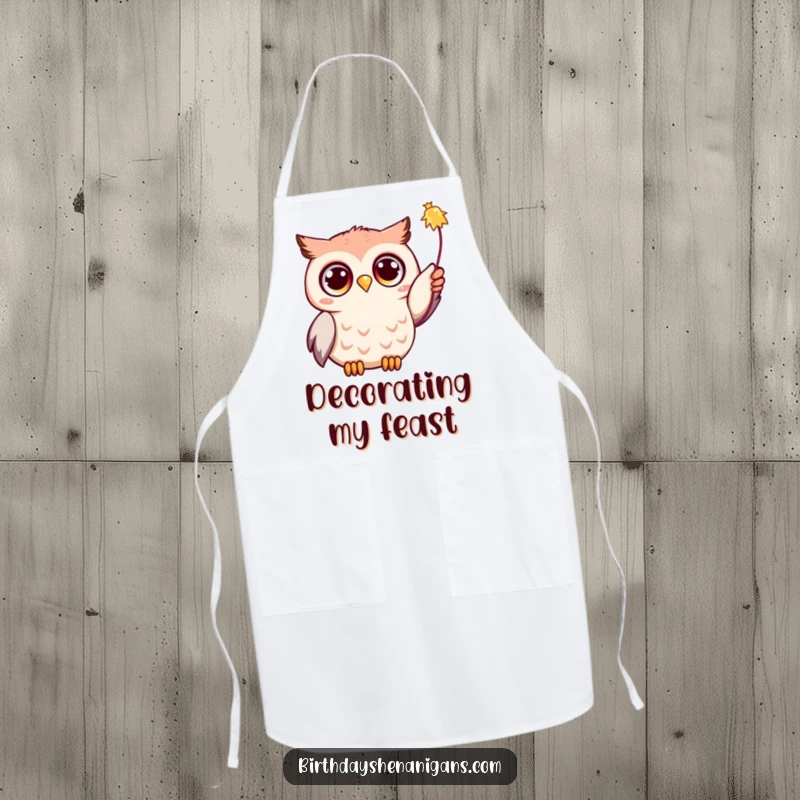 Funny Kawaii owl with excited eyes, reaching for a streamer, wearing a chef's hat, perfect for a humorous cooking apron.