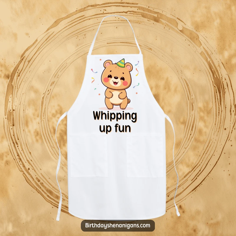 Funny apron design of a smiling bear juggling party streamers while cooking, adding a festive touch to the kitchen.