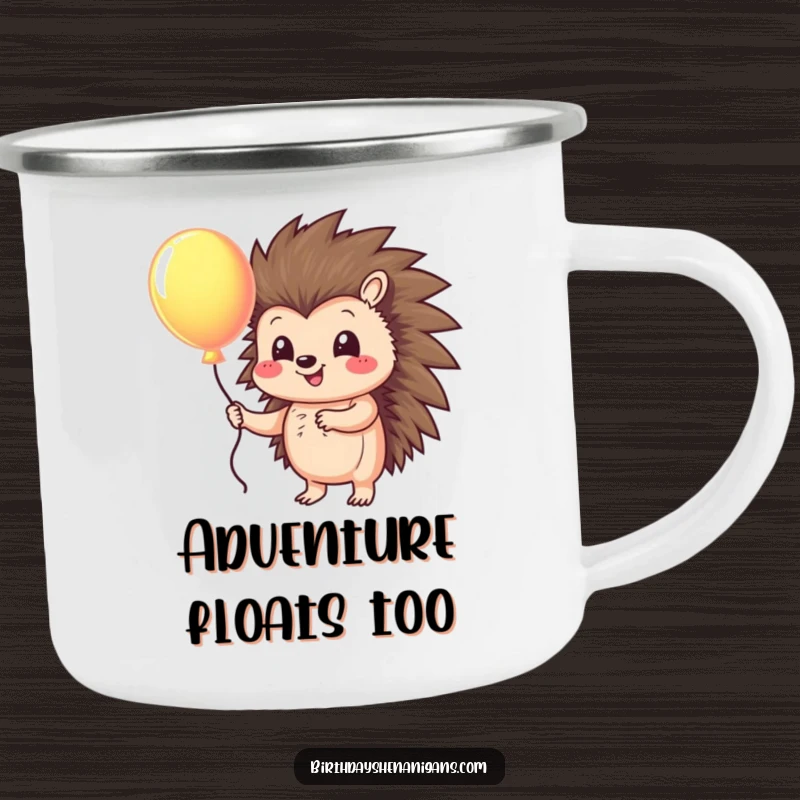 Funny camping mug with a smiling hedgehog character holding a colorful balloon, adding a touch of joy to camping trips.