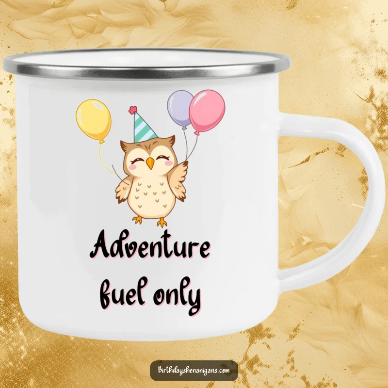Funny Kawaii Owl Camping Mug: A durable mug featuring a joyful owl in a party hat juggling balloons, perfect for outdoor fun.