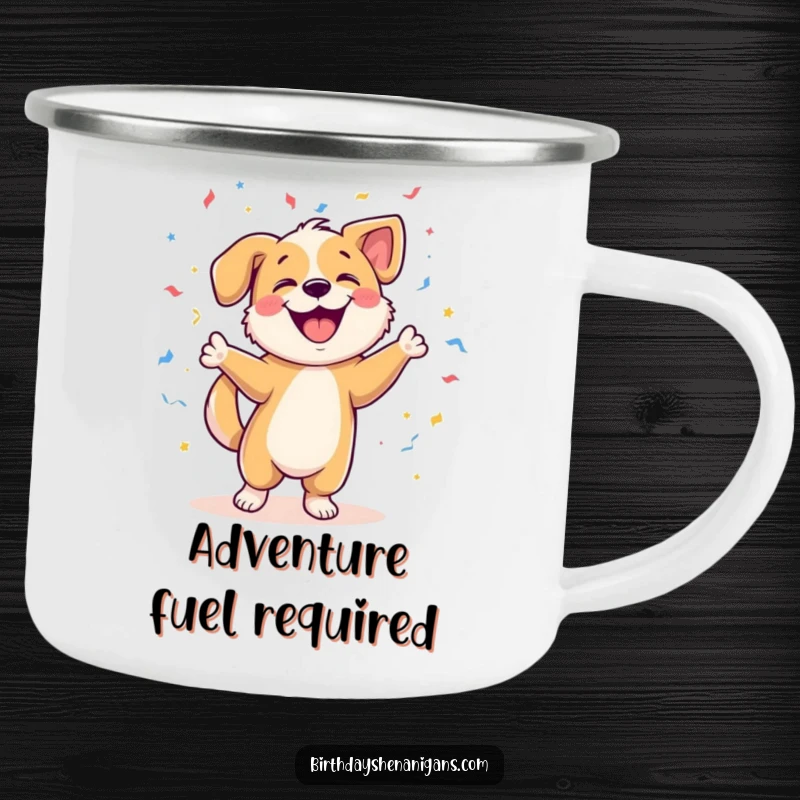 Funny camping mug featuring a happy dog dancing with confetti, designed for outdoor enthusiasts seeking a cheerful beverage experience.