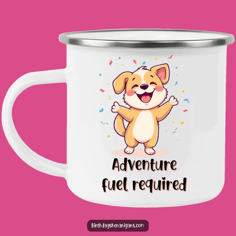 Funny Dog Dancing Camping Mug: Joyful Pup w/ Confetti, Outdoor Fun Gift!