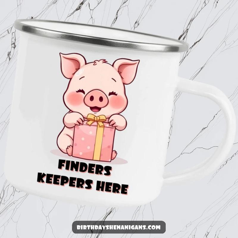 Funny Kawaii Pig Camping Mug: A durable mug featuring a cute pig with rosy cheeks unwrapping a gift, perfect for joyful sips.