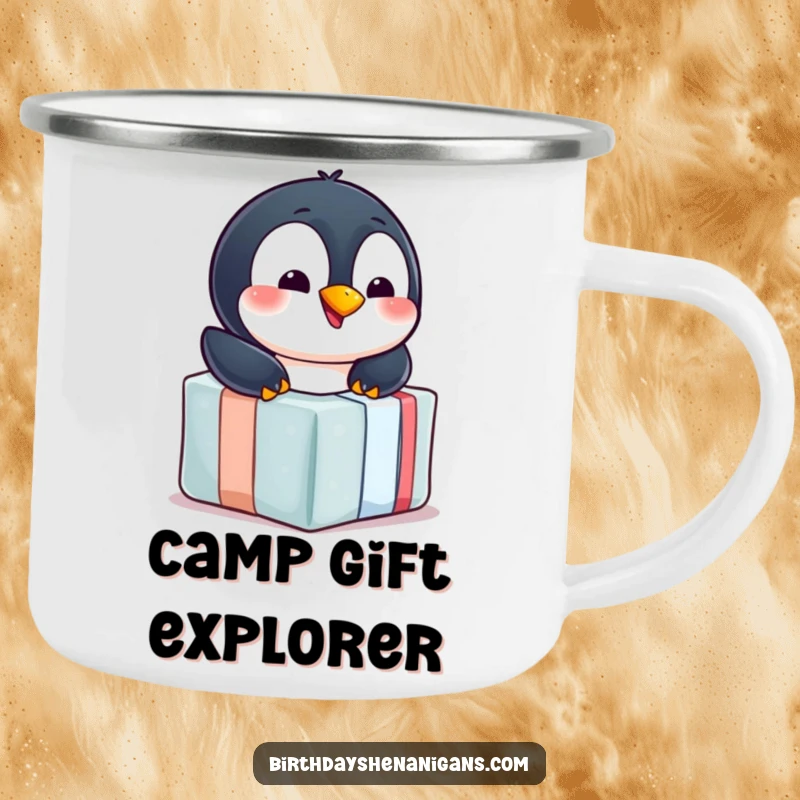 Funny penguin camping mug, durable, cheerful, sliding down gift, outdoor sipping, winter theme, humorous.