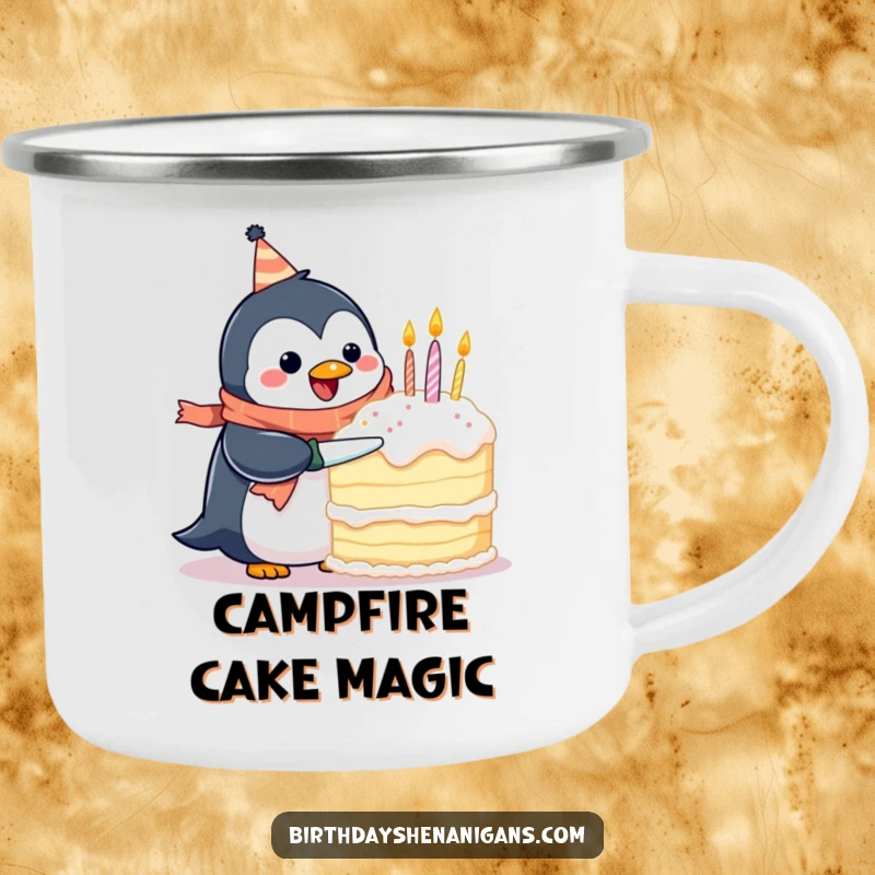 Funny camping mug featuring a happy penguin in a birthday scarf, hilariously attempting to cut a giant cake, ready for any adventure.