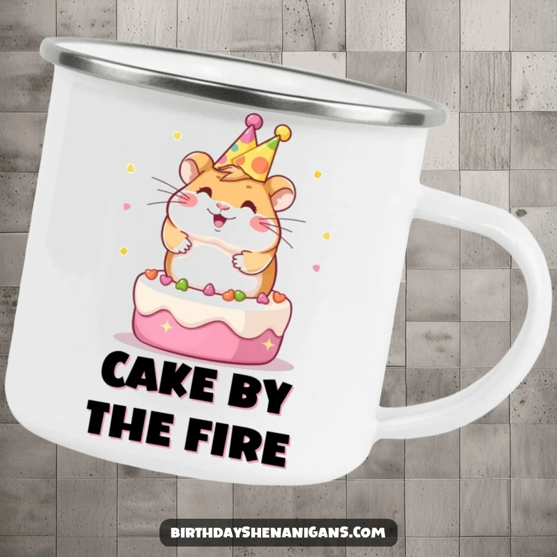 Funny Kawaii hamster wearing a party hat, spinning on a cake, on a durable camping mug for outdoor fun.