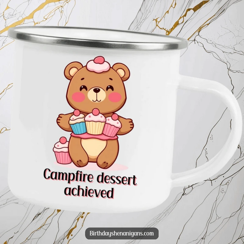 Funny camping mug featuring a cheerful bear balancing a stack of cupcakes, designed for outdoor lovers with a sweet sense of humor.