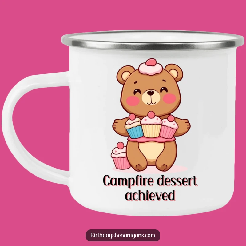Funny Bear Cupcake Camping Mug: Cheerful Baker Balancing Treats, Outdoor Sweetness!