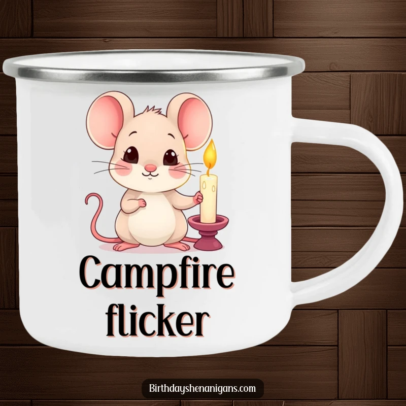 Funny kawaii mouse holding a single lit candle with a curious expression on a rustic camping mug.