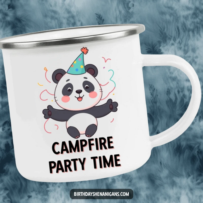 Funny Panda Camping Mug: A cute panda character in a party hat with streamers, durable and ready for outdoor parties.