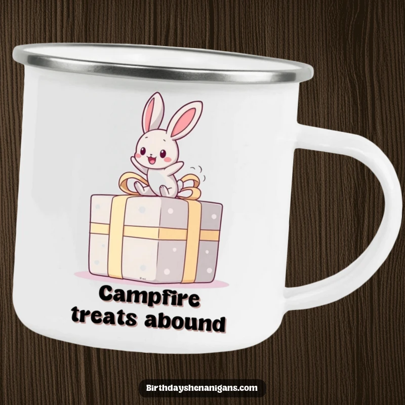 Funny camping mug with a kawaii bunny happily bouncing on a giant present, ideal for outdoor enjoyment and a joyful funny gift.