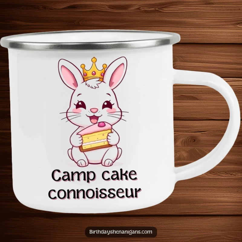 Funny rabbit camping mug, durable, wearing crown, holding cake, outdoor sipping, royal theme, humorous.