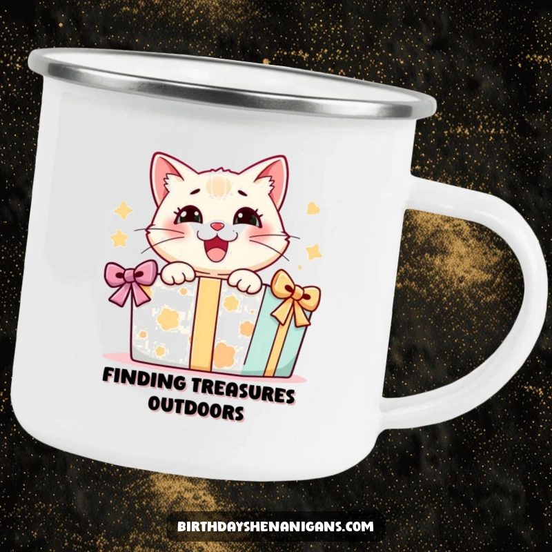Funny camping mug featuring a cat character filled with delight as it opens a large present, perfect for adventurers who love surprises.