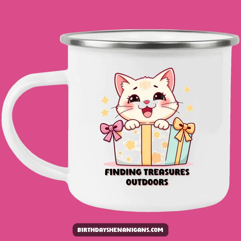 Funny Cat Present Camping Mug: Delighted Kitty Opening Gift, Trailtime Fun!