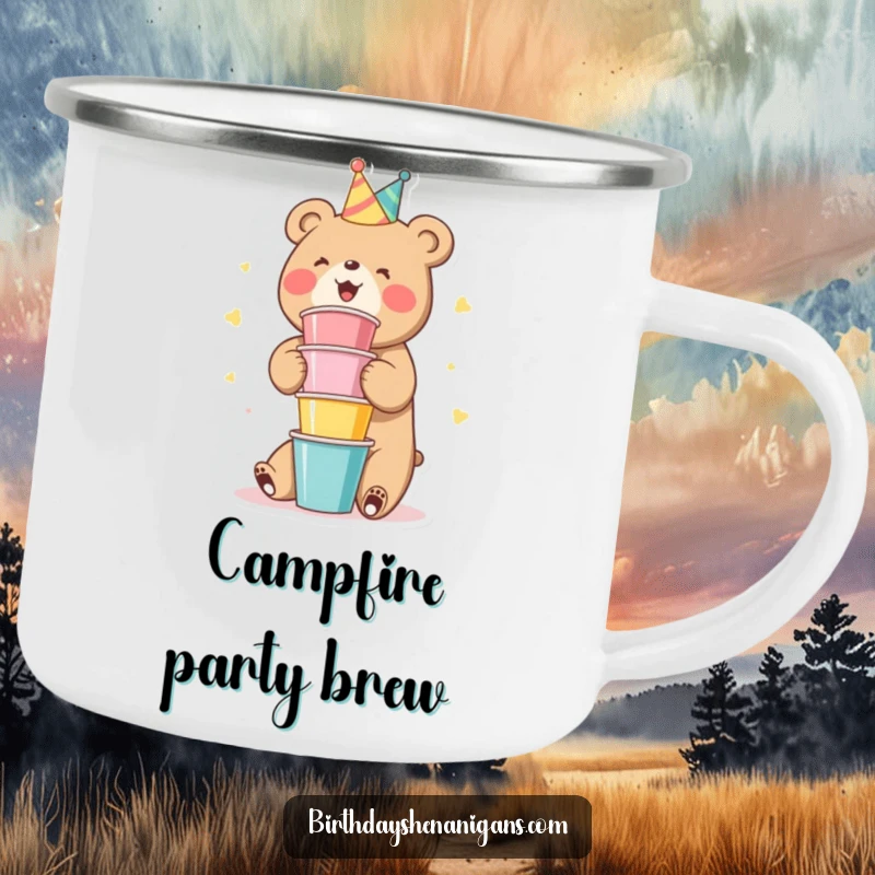 Funny Bear Camping Mug: A cute bear character gleefully stacking party cups, perfect for outdoor celebrations.