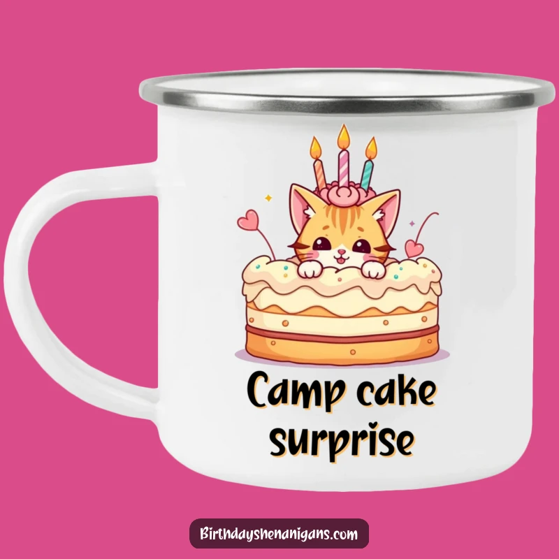 Funny Cat Cake Camping Mug: Playful Character, Birthday, Outdoor Fun