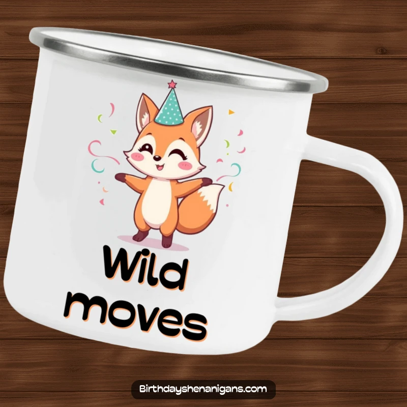 Funny Fox Camping Mug: Cheerful character dances with streamers, durable and cheerful for outdoor fun.